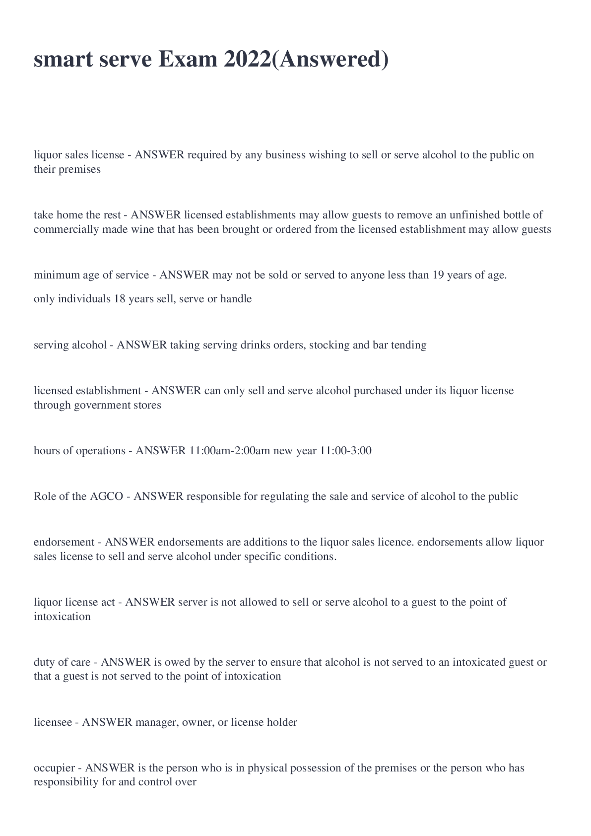 Preview image for smart serve Exam 2022(Answered)